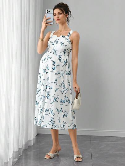  Đầm bầu Momance-D in hoa, xếp ly eo, thời trang thanh lịch cho mùa xuân và mùa hè.