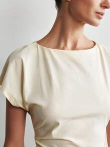 Selianne Women's Spring/Summer New Linen Casual Minimalist Slouchy Daily Gathering Commute Outfit Wrinkled Asymmetrical Slit Design Square Neck Apricot Shoulder Strap T-Shirt - Apricot - View 5