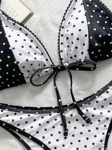 SHEIN Swim Mod Bộ đồ bơi nữ chấm bi buộc dây sau cổ, đen trắng, thích hợp cho kỳ nghỉ hè ở bãi biển. - Nhiều màu - Xem 5