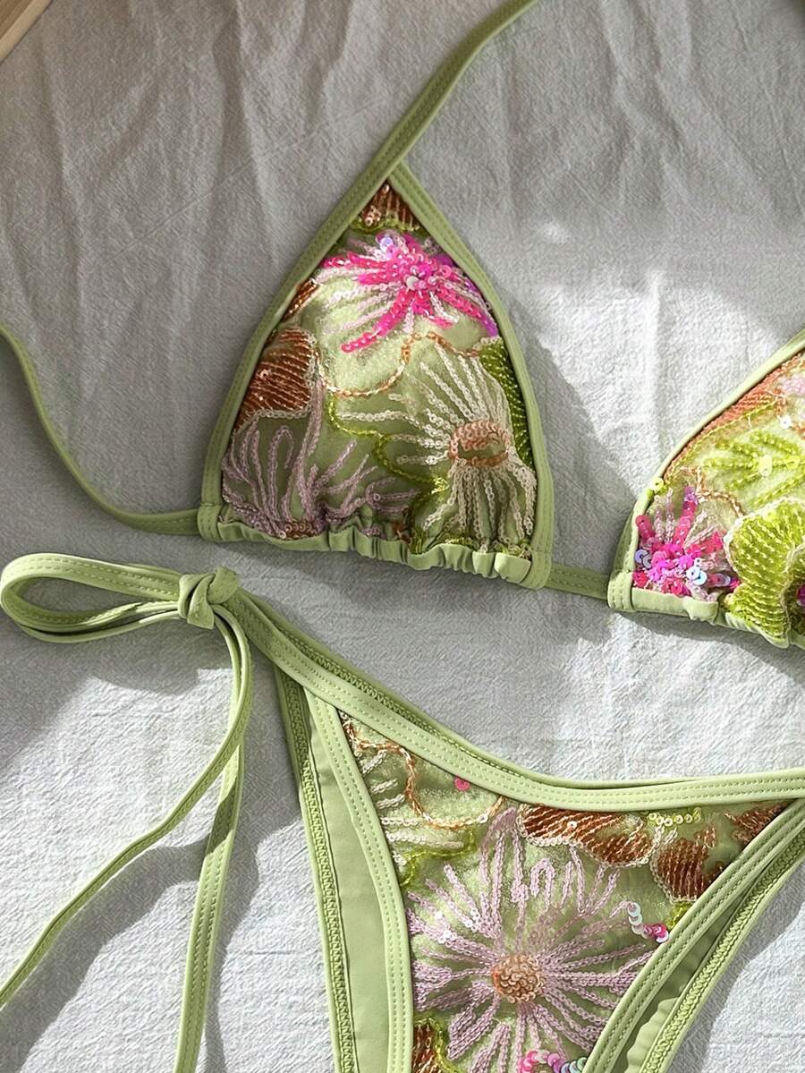 Bonvoyette Bộ bikini 2 mảnh gồm áo ngực tam giác buộc dây bên hông và dây buộc cổ, họa tiết hoa đính sequin, thích hợp cho kỳ nghỉ hè. - Nhiều màu - Xem 1