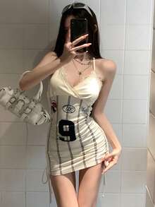 DAZY 女士性感蕾丝边条纹拼接露背迷你吊带连衣裙，夏季 - 白色 - 查看 6