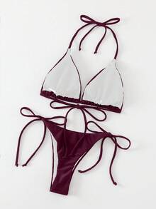 SHEIN Swim 1 套女式纯色系带绷带比基尼泳装，沙滩装 - 酒紅色 - 查看 2