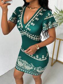 VaVaBold Women's Floral Print V-Neck Ruffle Sleeve Fitted Elegant Dress - Green - View 5