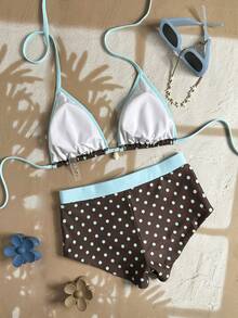 SHEIN Swim Mod Bộ đồ bơi hai mảnh chấm bi buộc dây phía trước hở lưng dành cho nữ, thích hợp cho kỳ nghỉ hè ở bãi biển. - Nhiều màu - Xem 2