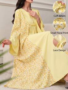 Lacomfia Vestido holgado con cuello redondo, lazo, mangas acampanadas y estampado de colores contrastantes, para primavera y verano - Amarillo - Ver 4