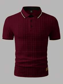Manfinity Homme Camisa polo formal de hombre de punto jacquard con textura, cuello, puños y bajo acanalados, 3 botones - Burdeos - Ver 4