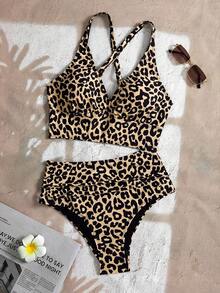 Swim Basics 女式夏季海滩度假豹纹V领比基尼两件套泳衣 - 彩色 - 查看 6