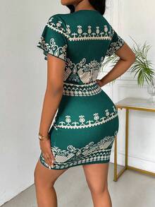 VaVaBold Women's Floral Print V-Neck Ruffle Sleeve Fitted Elegant Dress - Green - View 2