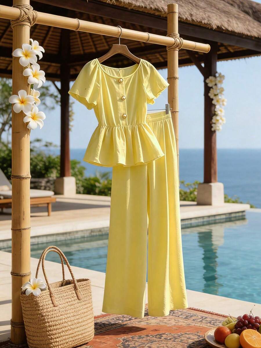 GlowEve Women's Solid Color Round Neck Pleated Top And Pants Casual 2 Pieces Set - Yellow - View 1