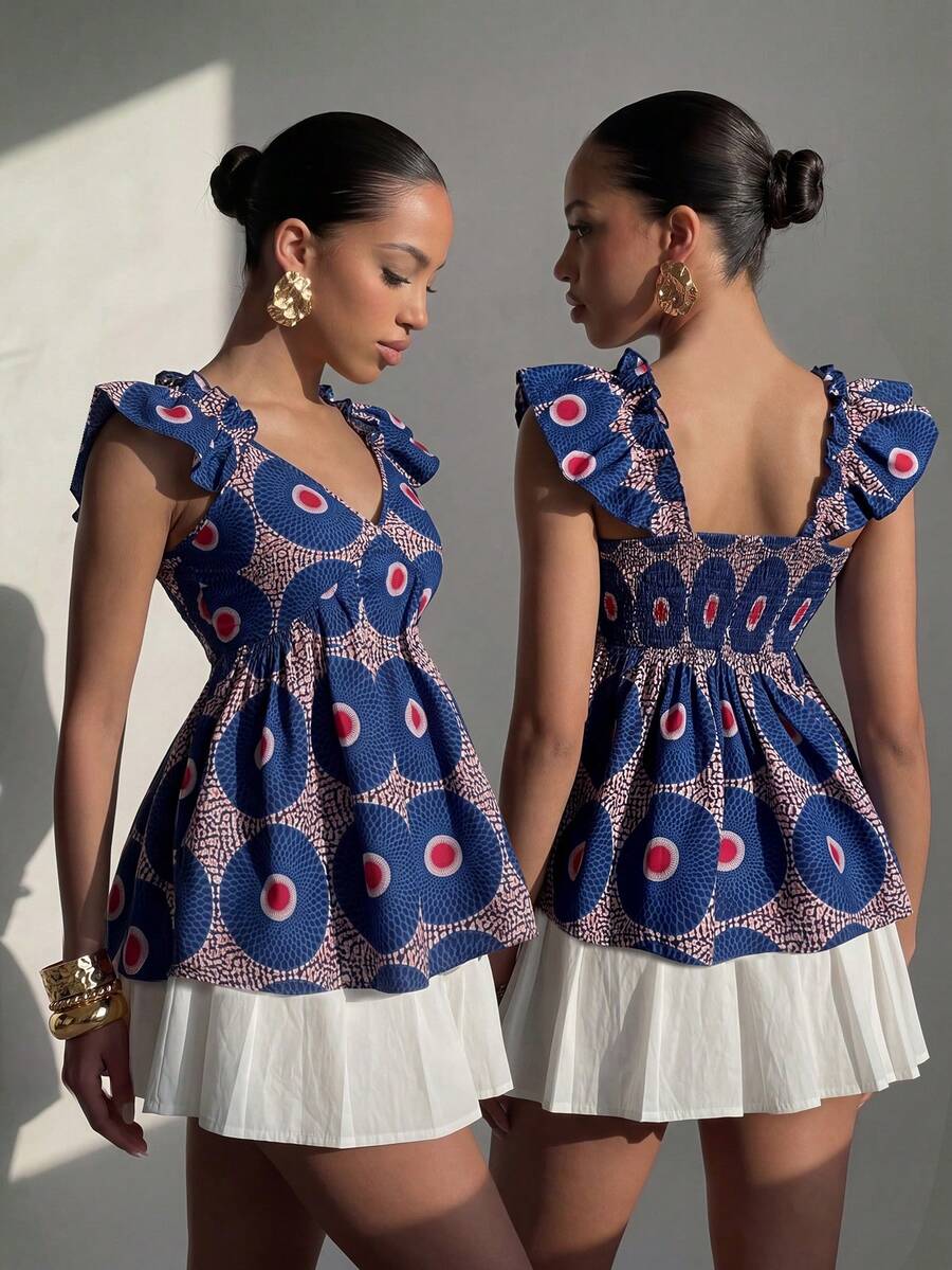 Selianne Elegantes blaues Boho-Damen-Top mit V-Ausschnitt und Peplum, Vintage-Bluse mit kreisförmigem Muster, flatternden Ärmeln und taillierter Taille, Sommerurlaub-Festival-Outfit - Verschiedenfarbig - Übersicht 1