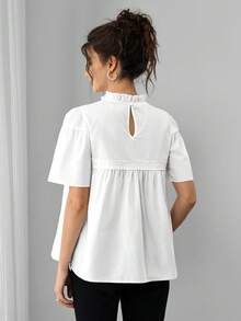Momance Blusa de maternidad con volantes, parches de encaje y manga corta, versátil y de moda - Blanco - Ver 2