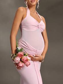 Cheriluna Maternity 性感露背修身孕妇拖尾连衣裙，舒适弹力摄影礼服 - 淺粉色 - 查看 7