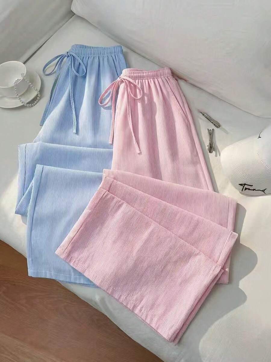 SHEIN Sweetro Quần dài siêu dài dáng rộng, mềm mại và bông xốp, sọc xanh trắng và sọc hồng trắng, có dây rút, kiểu dáng thoải mái. - Nhiều màu - Xem 1