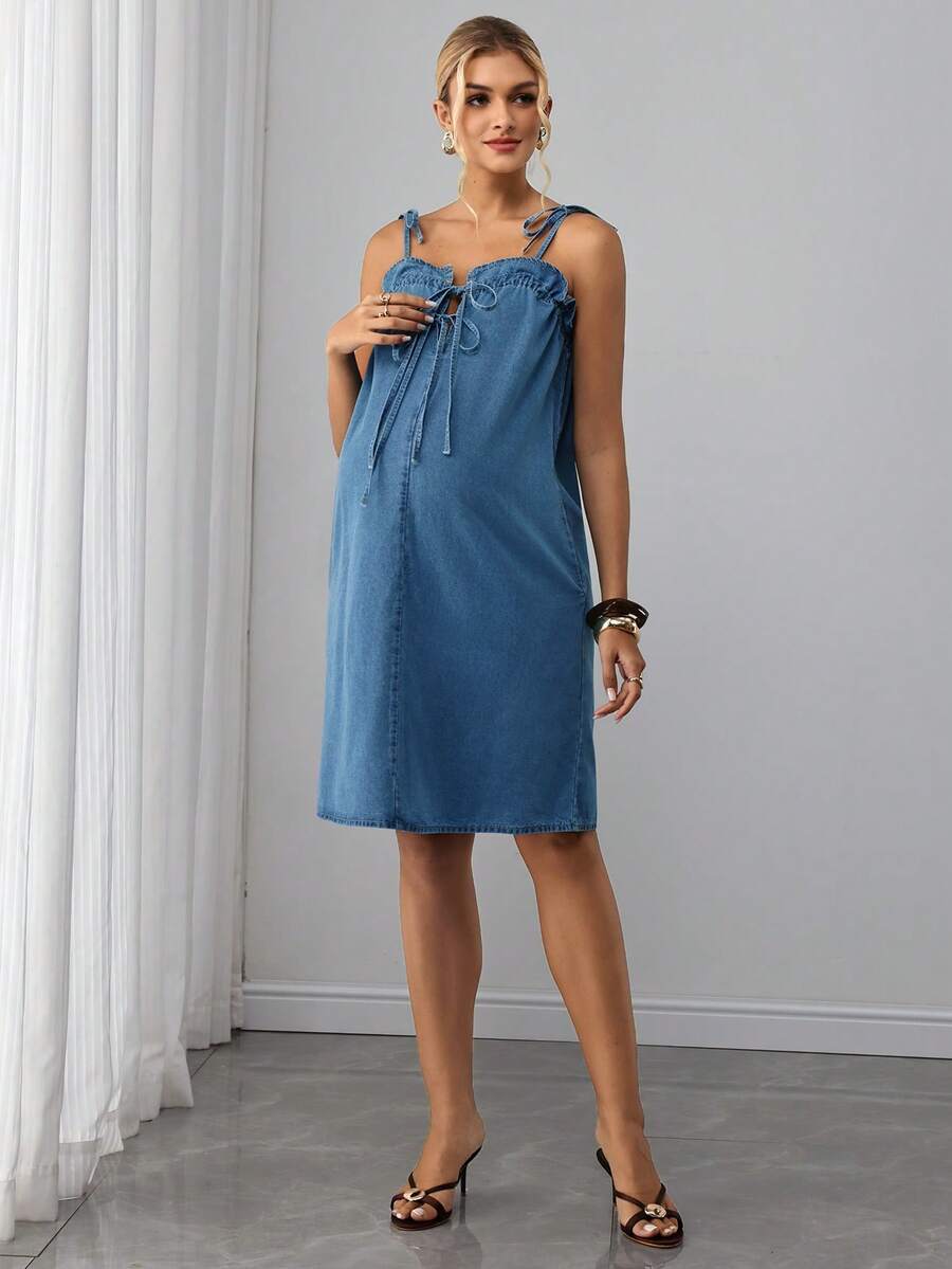 Maternity Tie-Waist Pocket Denim Fashion Dress - Medium Wash - View 1