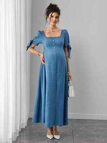 Đầm bầu có dây buộc nơ, xếp ly, cài cúc phía trước, dáng chữ A, tay ngắn. - Màu xanh nhạt - Xem 4