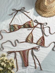 SHEIN Swim Vcay 三件套，夏季度假沙滩棒球纹理面料挂脖三角文胸，抹胸上衣和侧系带泳裤性感女士泳衣三件套 - 彩色 - 查看 1