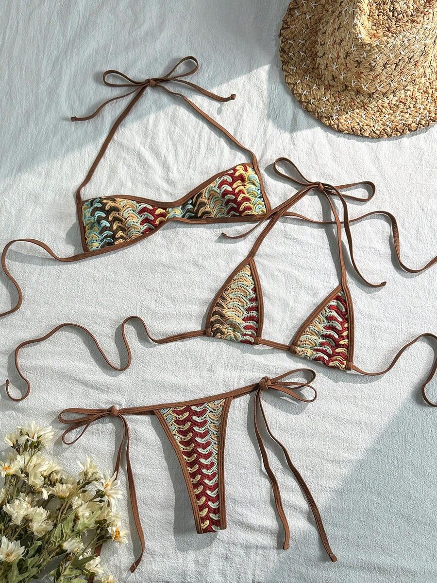 SHEIN Swim Vcay 三件套，夏季度假沙滩棒球纹理面料挂脖三角文胸，抹胸上衣和侧系带泳裤性感女士泳衣三件套 - 彩色 - 查看 1