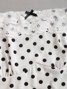 Sweetra New Summer French Polka Dot Romantic Elegant Commuter Fashion Outfit, Lace Bow Off Shoulder A-Line White Mini Dress For Women - White - View 4