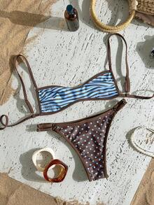Swim Mod Women's Vintage Polka Dot & Striped Print Reversible Bikini Set, Fashionable Casual Beach Swimwear, Sexy Sweet Retro Elegant - Multicolor - View 5