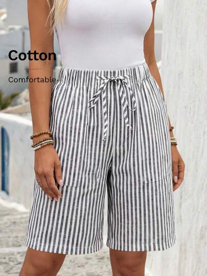 Faunlyn Pantalones cortos tipo bermudas a rayas con bolsillos laterales, de corte amplio y cintura media, estilo básico