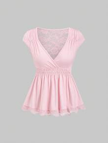 SHEIN Sweetro Áo thun dáng ôm, gợi cảm, phối ren, đa năng phong cách Y2K, thích hợp đi làm và đi nghỉ mát. - Hồng - Xem 4