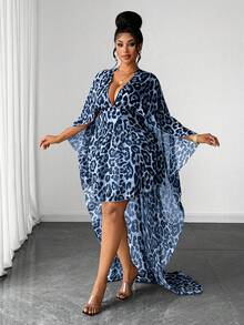 Maweii Plus Size Women Leopard Print Deep V-Neck Ruffle Hem Sexy Dress - Blue - View 1