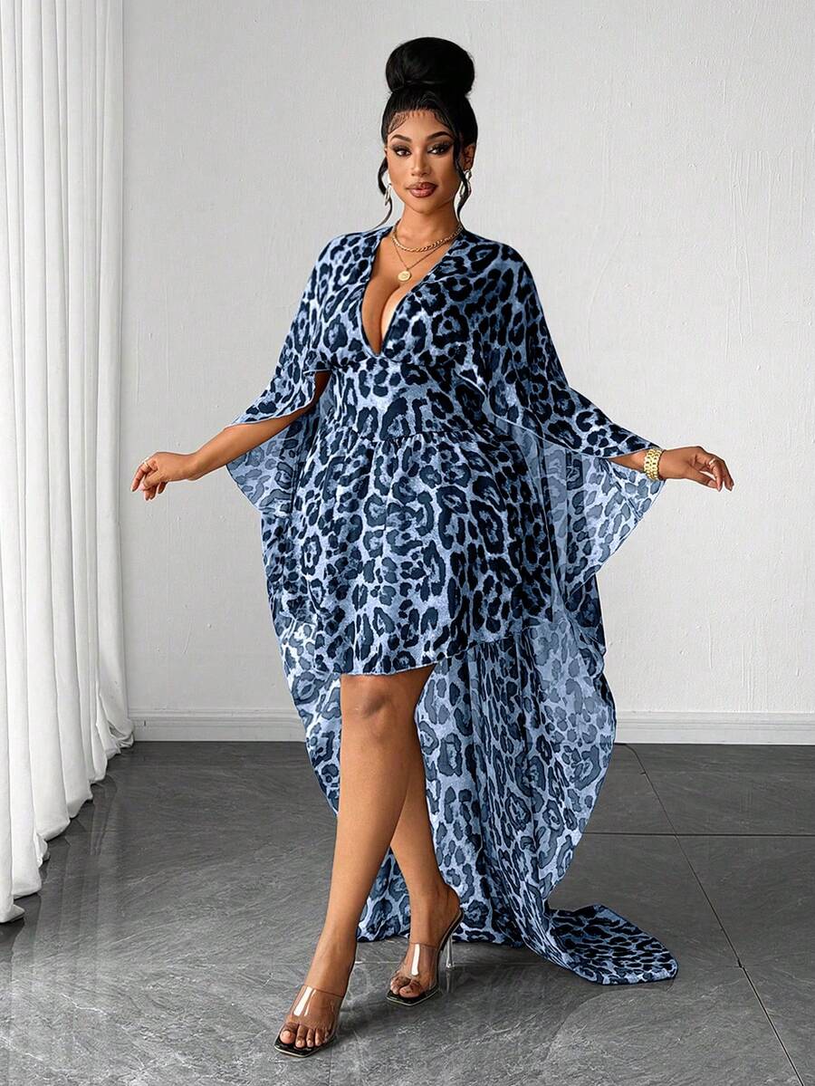 Maweii Plus Size Women Leopard Print Deep V-Neck Ruffle Hem Sexy Dress - Blue - View 1
