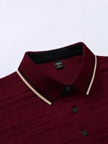 Manfinity Homme Camisa polo formal de hombre de punto jacquard con textura, cuello, puños y bajo acanalados, 3 botones - Burdeos - Ver 6