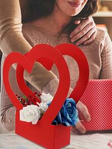 SHEIN 2 Pieces Heart Shaped Flower Gift Box Foldable Bouquet Bag With Handle Portable Storage Container For Valentine Wedding Mother Day Floral Arrangement Party Favor Must Have - multicolor - View 10