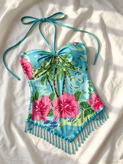 Elamini Women's Vacation Casual Tropical Print Tassel Hem Backless Halter Top