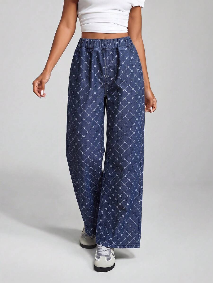 女士百搭休闲多功能弹力腰阔腿宽松常规版型浅蓝色梭织薄款牛仔裤 - 藍色 - 查看 1