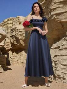DAZY Vestido largo elegante con volantes asimétricos en el hombro y bajo, color azul marino, vestidos de verano y primavera para mujer, casual de negocios - Azul Marino - Ver 3