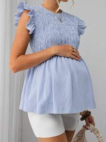 SHEIN Áo bầu tay ngắn cổ tròn kẻ sọc - Màu xanh lam - Xem 5