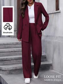 SHEIN Setelan Blazer dan Celana Panjang Wanita Warna Polos, Pakaian Formal untuk Beraktivitas di Luar Rumah - Burgundy - View 1