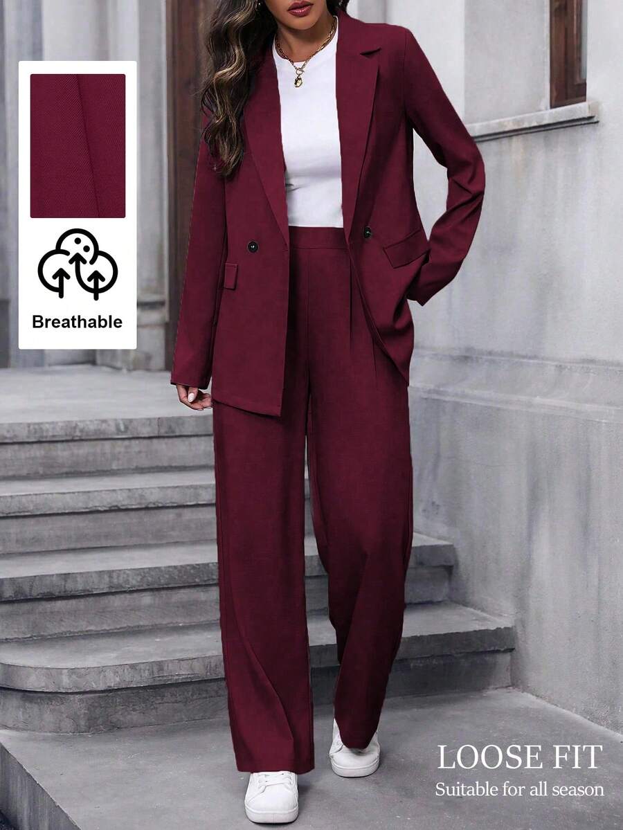 SHEIN Setelan Blazer dan Celana Panjang Wanita Warna Polos, Pakaian Formal untuk Beraktivitas di Luar Rumah - Burgundy - View 1