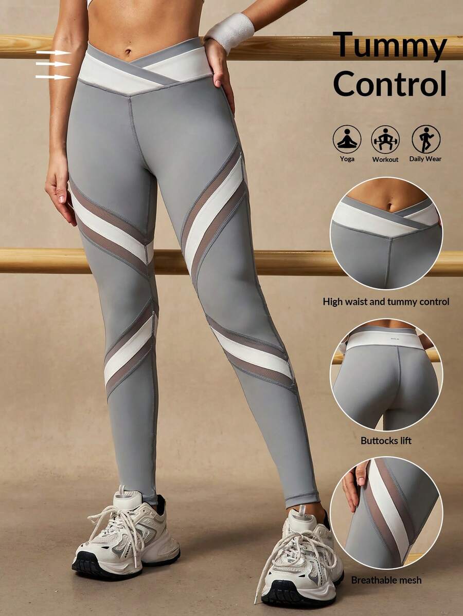 VARSIVA Women's Contrast Color Asymmetric Waistband Sports Leggings, Elegant Legging, Summer Legging, Suitable For Tennis Casual Vacation Sports - Multicolor - View 1