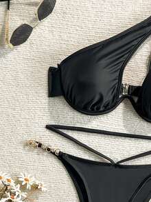 SHEIN Swim SXY Summer Beach Women's Solid Color Hollow Out Chain Decor Bikini Set - Black - View 3