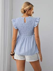 SHEIN Áo bầu tay ngắn cổ tròn kẻ sọc - Màu xanh lam - Xem 2