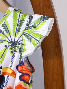 SHEIN 女童（小号）春夏休闲时尚新款连衣裙，纯红色后背设计，饰有3D蝴蝶结，热带雨林花卉数码印花梭织面料，无袖修身A字连衣裙，面料柔软舒适，适合可爱舒适的休闲场合，适合春夏日常穿着、上学、外出、度假、派对等。 - 彩色 - 查看 8