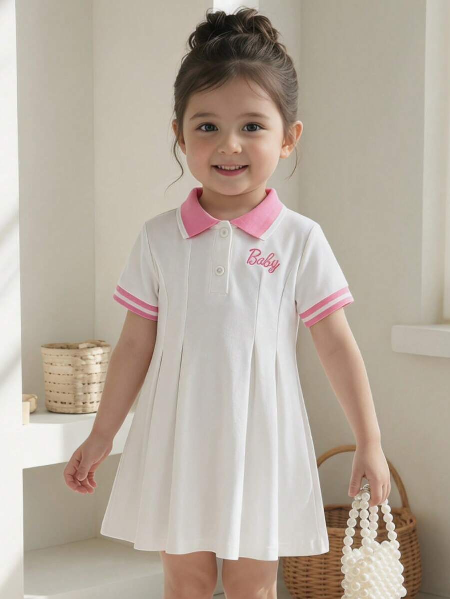 SHEIN فستان أبيض كاجوال للبنات الصغار، طوق وأساور مرنة، مناسب للارتداء اليومي، الخارج، الرياضة، الحفلات - أبيض - مشاهدة 1