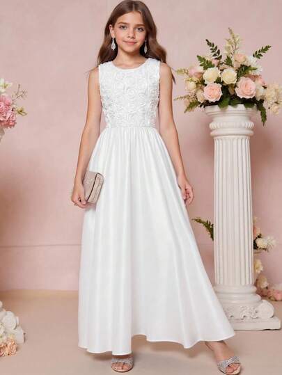 SHEIN Pitira Đầm dự tiệc cho bé gái tuổi teen, đầm chữ A màu trắng bằng vải satin dệt và ren phối hợp, kèm nơ, đầm dạ hội thanh lịch cho đám cưới, tiệc sinh nhật, cuộc thi sắc đẹp.
