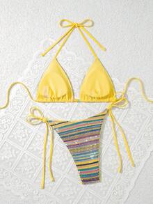 SHEIN Swim Mod Bộ bikini gợi cảm gồm 2 món: áo ngực tam giác và quần bơi buộc dây bên hông bằng vải đặc biệt đính sequin nhiều màu sắc, thích hợp cho mùa xuân/hè. - Nhiều màu - Xem 2