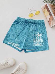 EMERY ROSE Quần short nữ mùa hè in chữ và cây dừa, cạp chun. - màu xanh lá - Xem 5