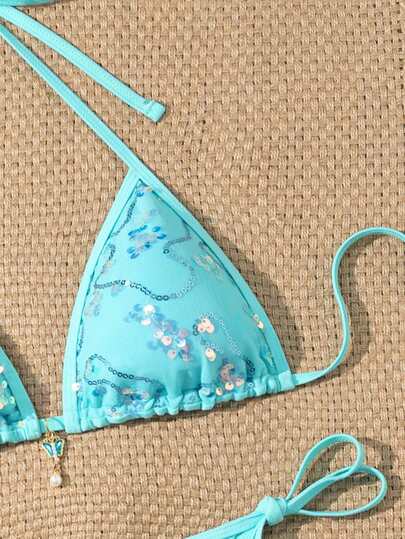 Swim Mod Bộ 2 món, với chất liệu vải lấp lánh, họa tiết bướm và ngọc trai, áo ngực tam giác cổ yếm và quần bikini buộc dây bên hông, đồ bơi bikini gợi cảm dành cho nữ, mùa xuân/hè.