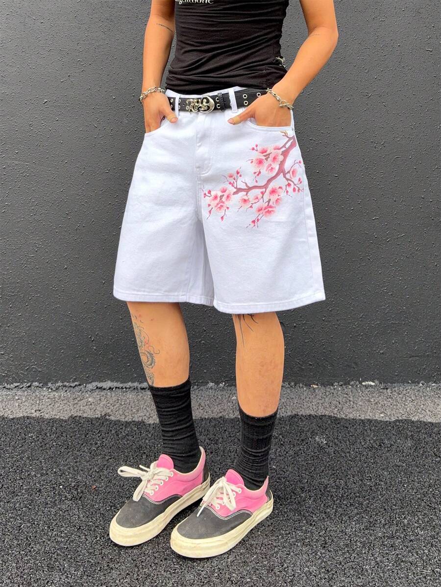 Manfinity EMRG Men's Denim Print Wide Leg Shorts - White - View 1
