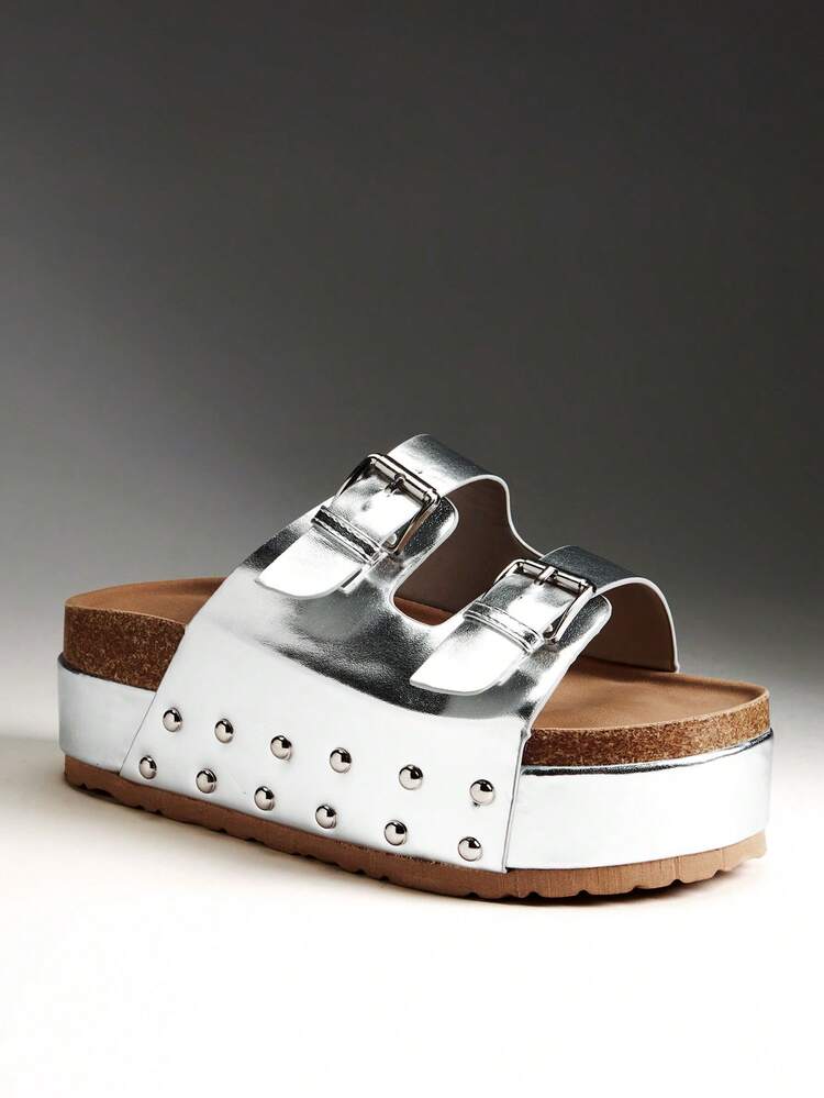 Solezae Women's Wedge Chunky Heel Platform Sandals Summer Shoes Spring Shoes Spring Break Easter Vacation Shoes Casual Shoes Beach Shoes Mother's Day Present Summer Shoes - Silver - View 8