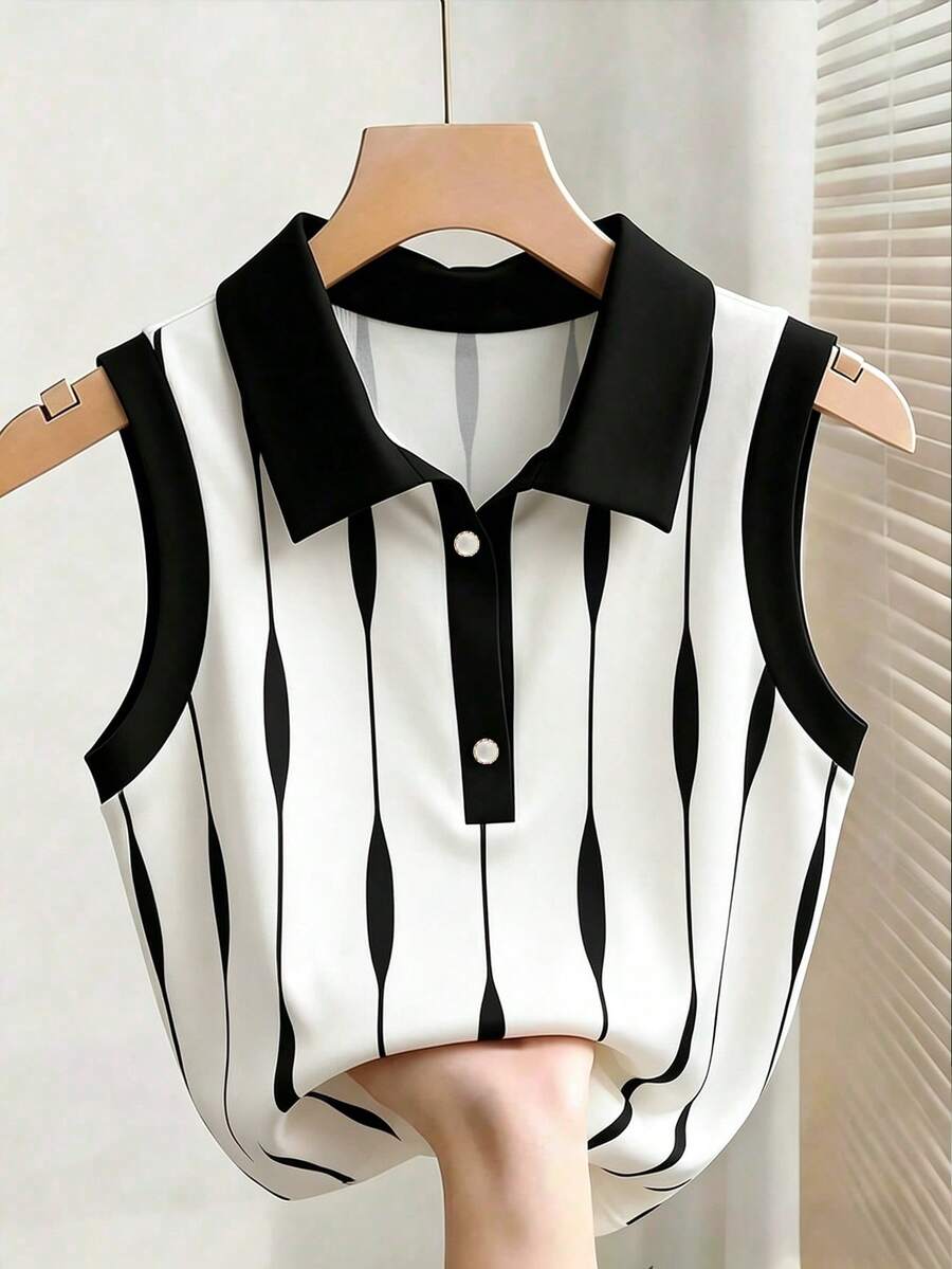 GlowEve CURVE Summer New Turndown Collar Loose Casual Color Block Knit Camisole, Plus Size - Black and White - View 1