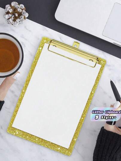 1 pieza Portapapeles de acrílico con brillo tamaño carta A5 de 4x6 pulgadas con clips dorados, estilo de brillo de moda con confeti lindo, para mujeres, escritorio, oficina, salón de clases, útiles escolares, vuelta al cole, artículos esenciales para estudiantes, accesorios de oficina, decoración de estación de trabajo