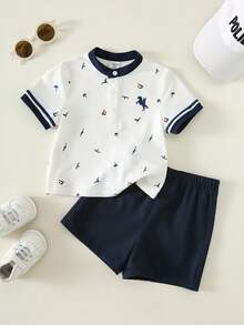 SHEIN 2pcs Baby/Baby Boy Casual Cute Vacation Style Short Sleeve Polo Shirt And Shorts Set, Baby Boy Outfit Sets, Baby Boy Summer Clothes - Navy Blue - View 6
