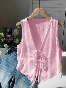 Comfortcana Áo khoác cardigan không tay, màu trơn, thắt nơ phía trước, dành cho nữ cỡ lớn, màu hồng nhạt. - Màu Hồng baby - Xem 6